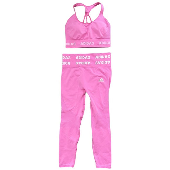 adidas Training aeroknit logo 7/8 leggings and bra in bright pink - Picture 9 of 9